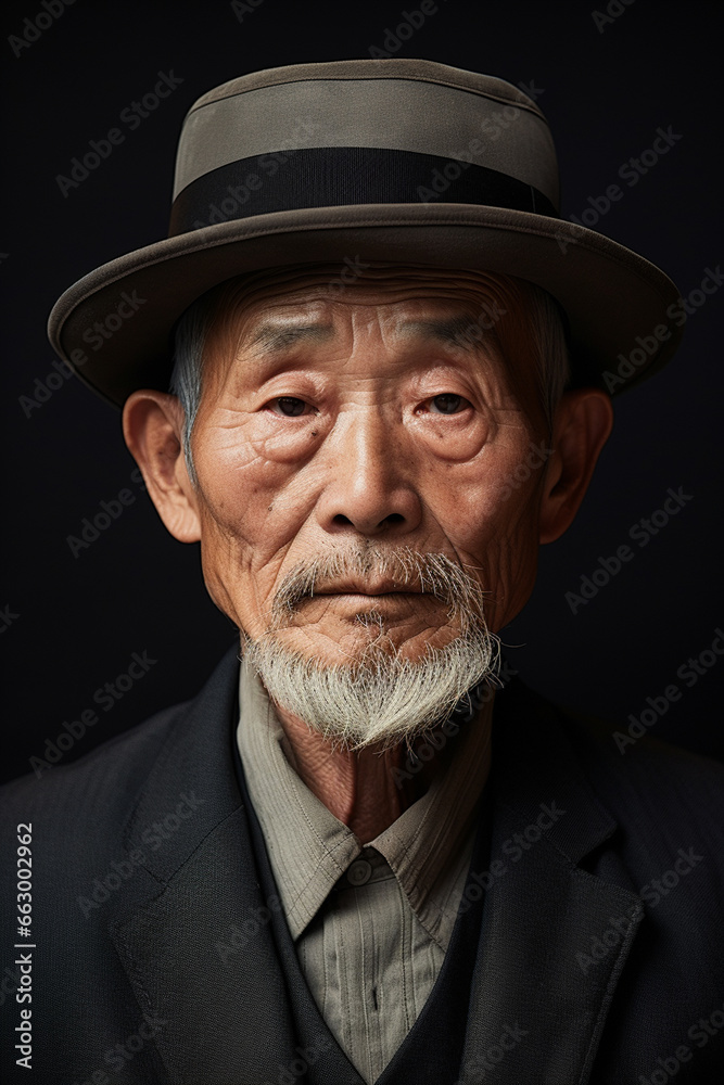 Korean older man, grandfather. Positive single senior retired Concept. asian tradition. dark style Korean older man, grandfather. Positive single senior retired Concept. asian tradition. dark style