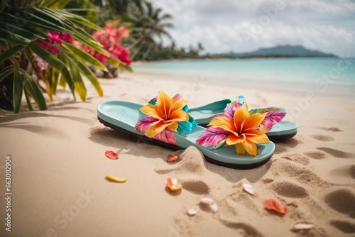 A pair of flip flop slipper with colorful tropical flowers on beach