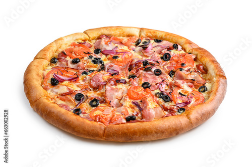 Ready pizza with ham, onions and tomatoes on a white background. Selective focus in the center.