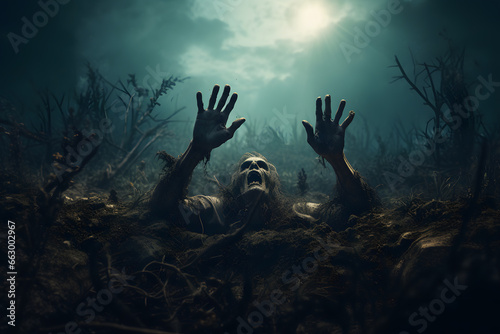 Zombie hand rising from the grave, creepy hand coming out of the ground photo