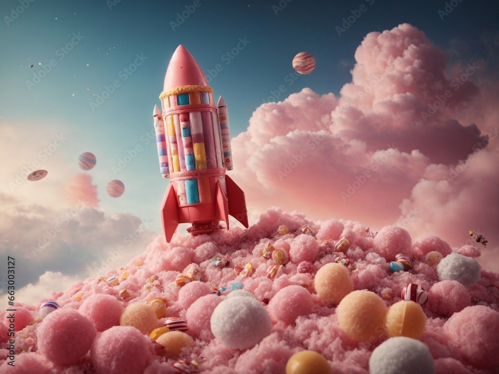 A whimsical rocket made entirely of candy and sweets
