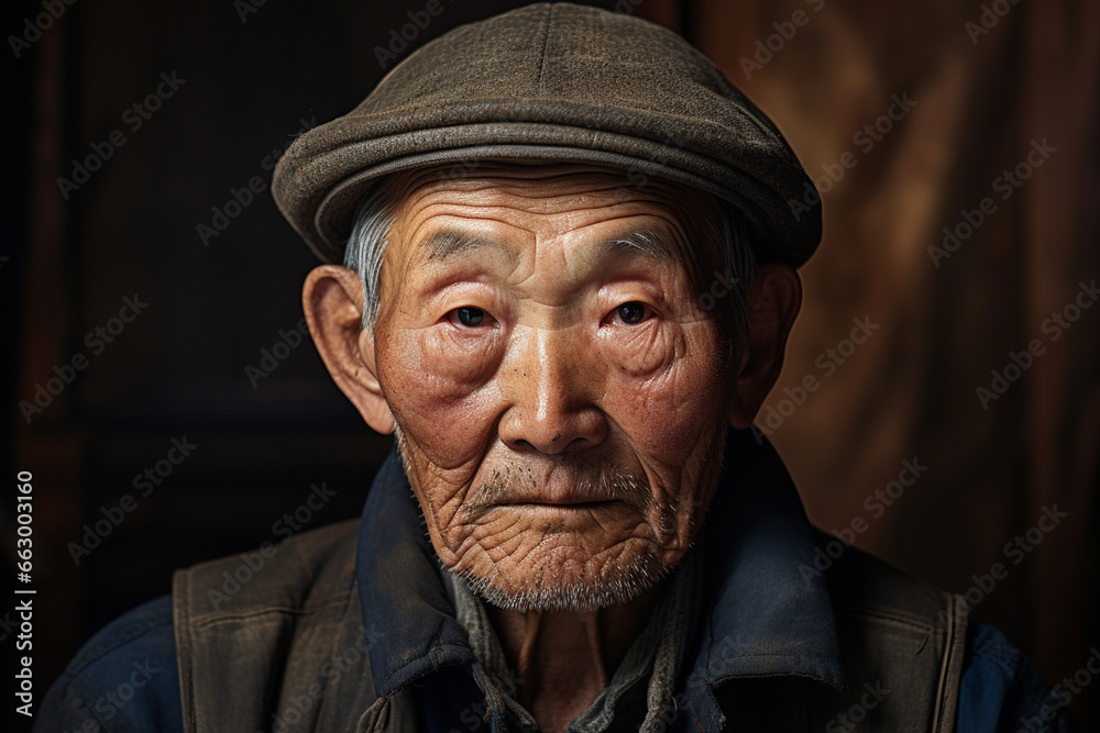 Korean older man, grandfather. Positive single senior retired Concept. asian tradition. dark style