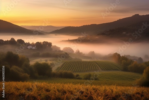 A misty valley surrounded by vineyards at dawn. Generative AI