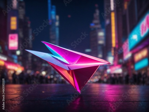 A vibrant paper airplane soaring through a neon-lit cityscaper