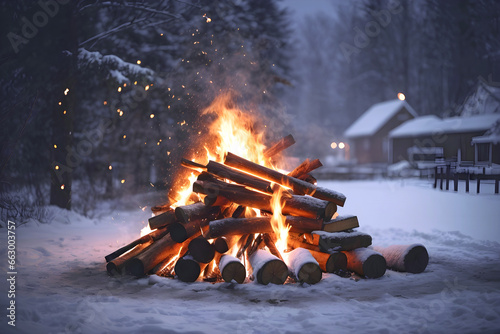 Beautiful bonfire in the winter forest at night.  © Alan