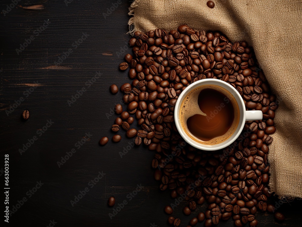 Top view of cup of coffee and coffee beans in a sack, Espresso coffee background Top view of cup of coffee and coffee beans in a sack, Espresso coffee background