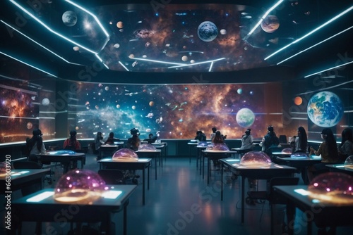 A futuristic classroom filled with holographic displays and interactive learning tools
