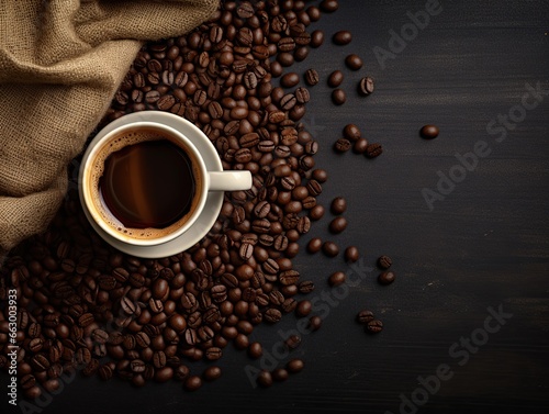 Top view of cup of coffee and coffee beans in a sack  Espresso coffee background 