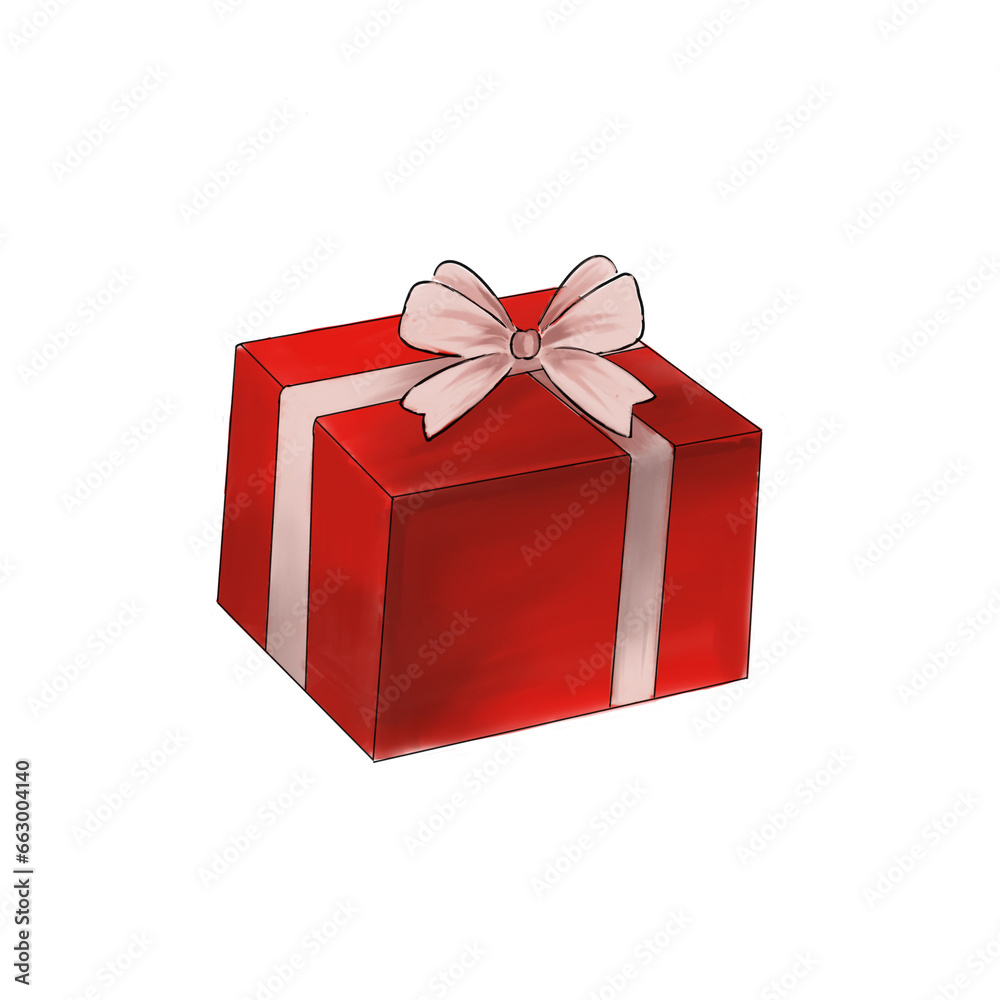 Obraz premium Illustration of closed red box with a pink bow on top. Isolated in a white background