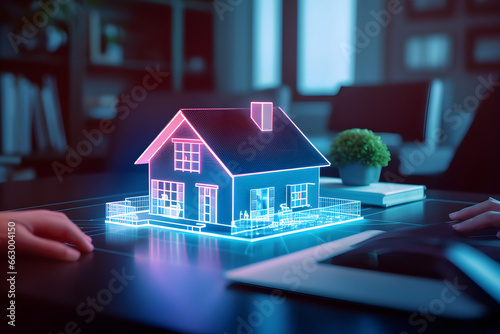 a concept holo 3d render model of a small living house on a table in a real estate agency. signing mortgage contract document and demonstrating. futuristic business. blurry background. photo