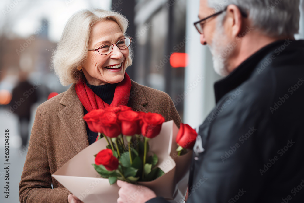 An elderly couple on the street, the man gives the lady red roses, congratulations on the anniversary, a declaration of love, a long-term relationship An elderly couple on the street, the man gives the lady red roses, congratulations on the anniversary, a declaration of love, a long-term relationship