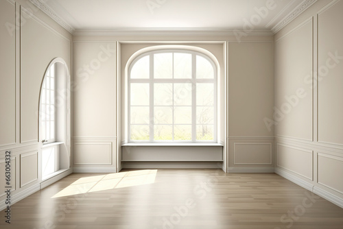 Lovely  empty room with pale beige walls  a parquet floor  a plinth made of white  a big window in the middle  and two windows on the right. example using a Windows Work Path. Ultra HD 8. Generative