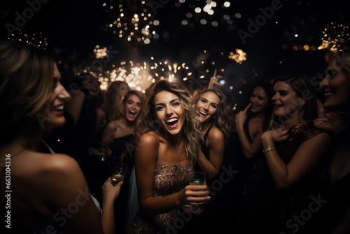A festive gathering with friends and family as they count down to the New Year at a dazzling New Year's Eve party. Generative Ai
