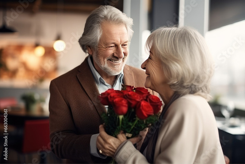 An elderly man gives an elderly lady, his wife, a beautiful set of red roses, a restaurant, a holiday, an anniversary, love. © Jam