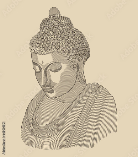 Portrait of buddha, vintage engraving drawing style vector illustration