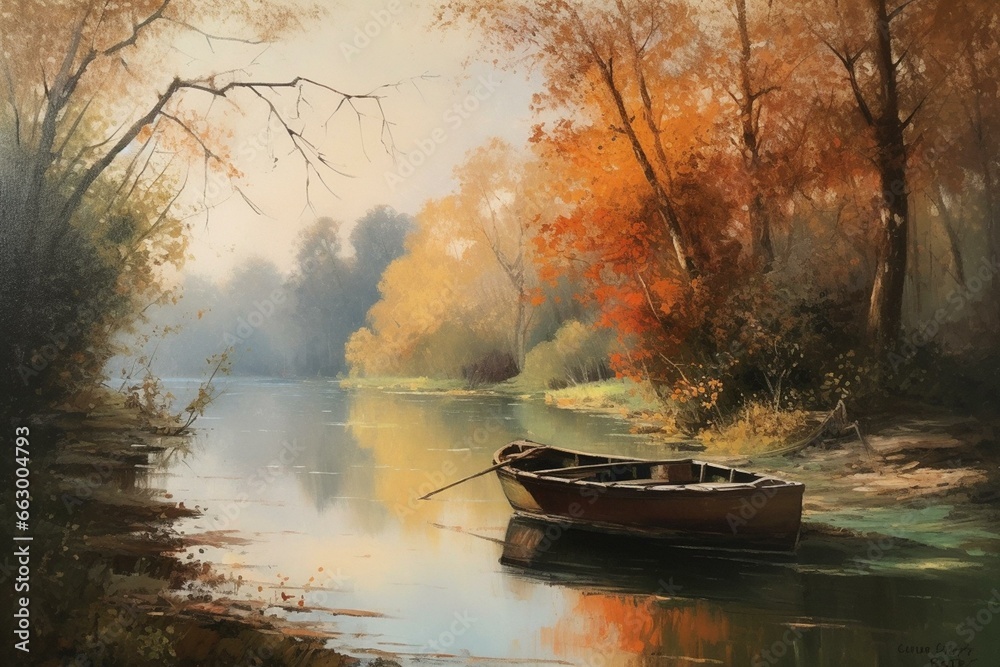 A lakeside painting featuring a boat and scenic trees. Generative AI