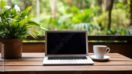 Wooden Table Accommodating Laptop with Blank Screen, Steaming Coffee, and Delicate Plant Background Blur. Synchronized Elegance of Nature and Tech. Manually Modified Generative AI