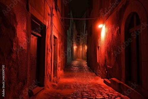 Mysterious red-lit street in an ancient town, depicted in eerie 3D art. Spooky alley from a horror movie set in an old town. Generative AI