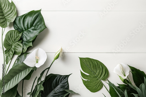 green anthurium leaves on white wood. copyspace, content template. Home jungle and gardening. Generative AI