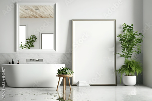 View of a bright bathroom interior from close up, showing a bathtub, a blank white poster, a concrete floor, and a mirror. concept of spa treatments and hygiene for health. a mockup. Generative AI