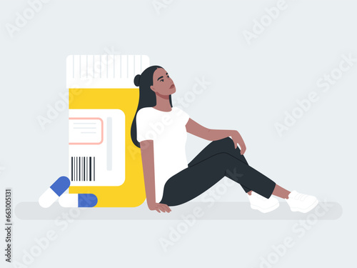 Young woman sitting near prescription drug pill bottle, medicine