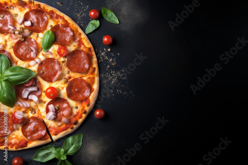 BACKGROUND DARK WITH PIZZA WITH TOMATO AND BASIL