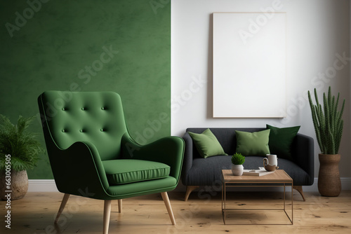 Mockup of a green sofa and a wall in a Scandinavian living space. Generative AI
