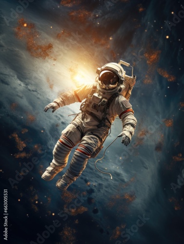 An astronaut floating through the air in space. Generative AI. © Natalia