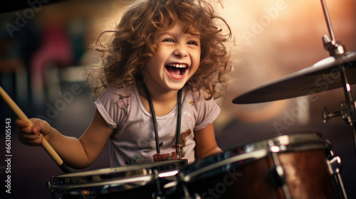 A little girl is playing with a drum set. Generative AI. photo