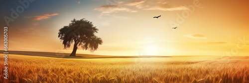 Golden wheat flying panorama with tree at sunset countyside photo