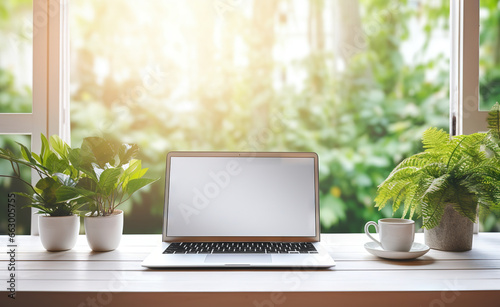 Creative Corner: Wooden Table Set with Laptop Showing Blank Screen, Accompanied by a Steaming Cup of Coffee. The Background Boasts Vibrant Blurred Plants. Manually Modified Generative AI
