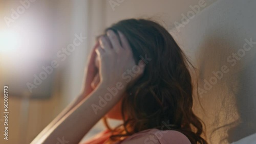 Blurred woman feeling dizzy in sunlight closeup. Upset female suffering headache
