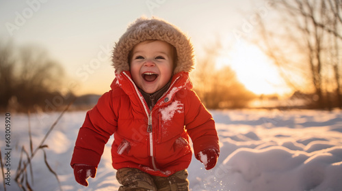 Happy toddler boy in warm coat and knitted hat tossing up snow and having a fun in the winter outside, outdoor portrait photo
