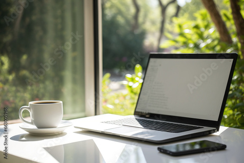 On a white table counter with a paper notebook and coffee cup in a home office near glass windows with a tree garden view, a laptop computer with a blank black screen for text copy space