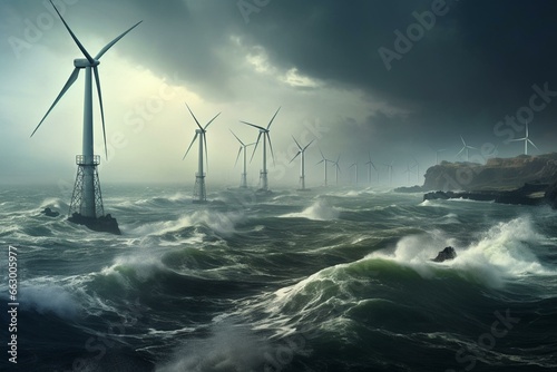 Wind turbines at sea. Generative AI