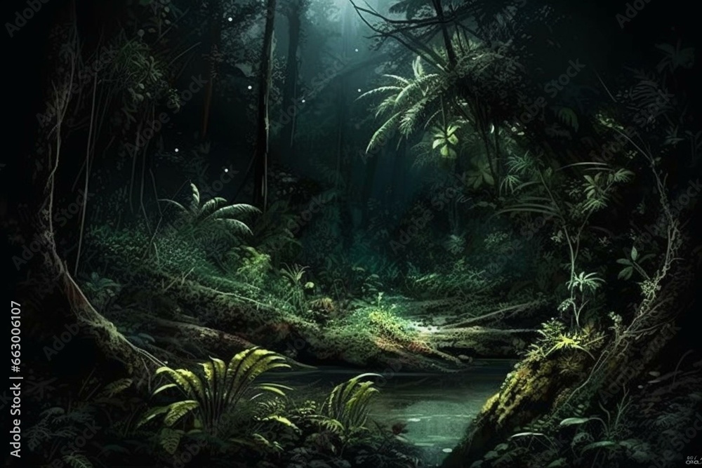 Nocturnal rainforest, digital artwork. Generative AI