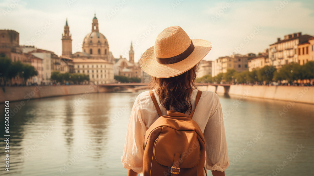 Tourist Woman with Hat and Backpack in Spain. Wanderlust concept. - obrazy, fototapety, plakaty 