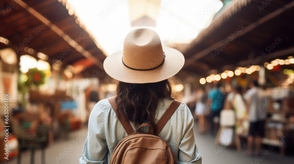 Tourist Woman with Hat and Backpack in the market. Wanderlust concept.