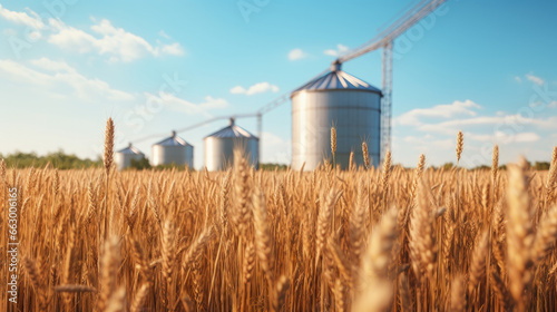 This close-up image showcases a vibrant wheat field  with three silos softly blurred in the background  portraying the beauty of rural agriculture.