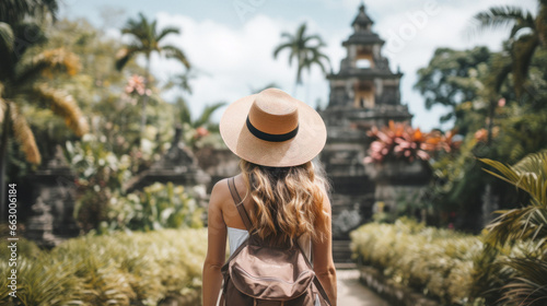 Tourist Woman with Hat and Backpack in Bali. Wanderlust concept. © DVS