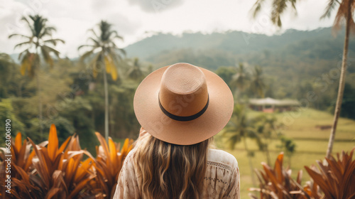 Tourist Woman with Hat and Backpack in Bali. Wanderlust concept.
