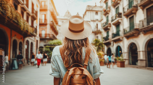 Tourist Woman with Hat and Backpack in Spain. Wanderlust concept.