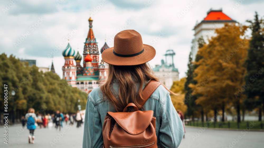 Tourist Woman with Hat and Backpack in Russia. Wanderlust concept.