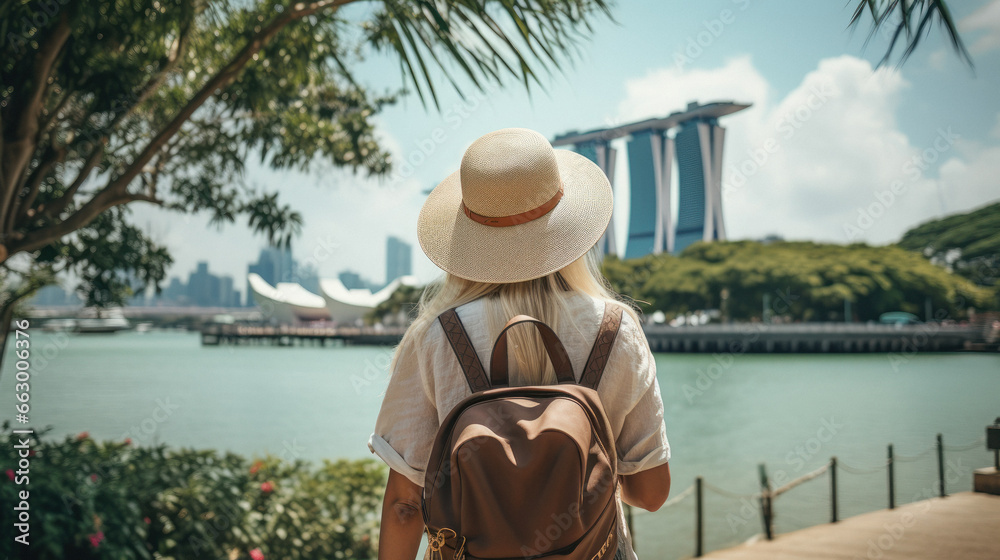 Tourist Woman with Hat and Backpack in Singapore. Wanderlust concept.