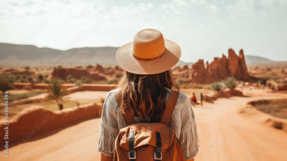 Tourist Woman with Hat and Backpack in Morocco. Wanderlust concept.