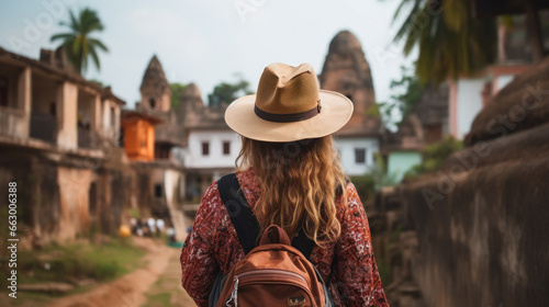 Tourist Woman with Hat and Backpack in India. Wanderlust concept.