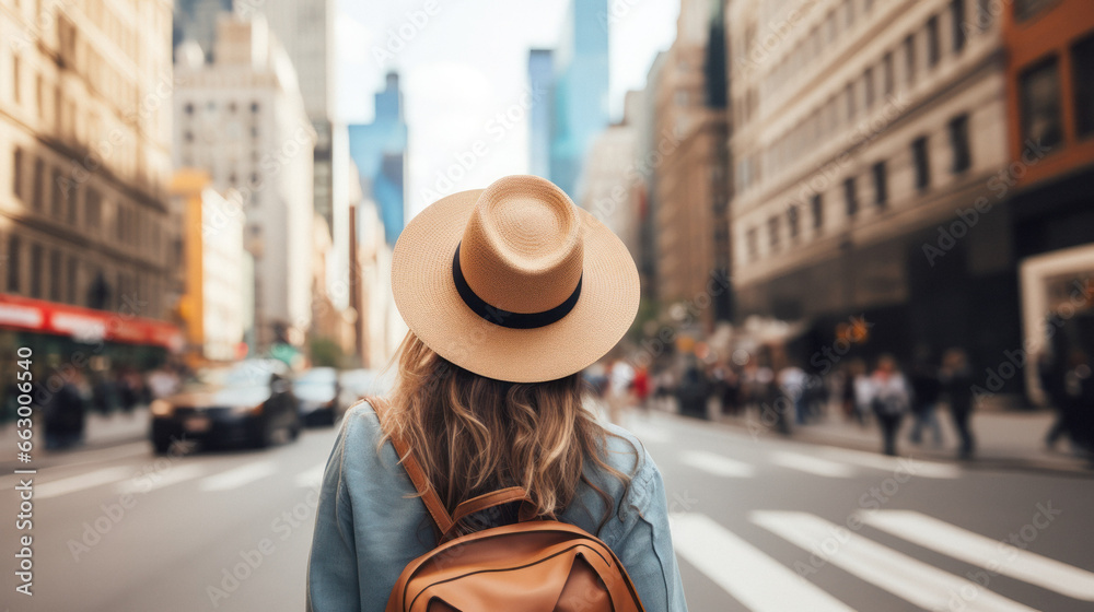 Tourist Woman with Hat and Backpack in New York. Wanderlust concept. Tourist Woman with Hat and Backpack in New York. Wanderlust concept.