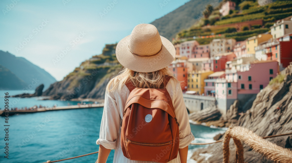 Tourist Woman with Hat and Backpack in  Cinque Terre, Italy. Wanderlust concept.