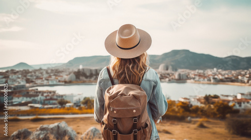 Tourist Woman with Hat and Backpack in XXX. Wanderlust concept.