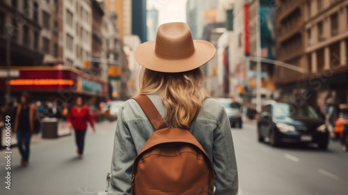 Tourist Woman with Hat and Backpack in New York. Wanderlust concept.